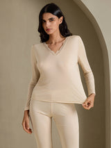 [Beige] SilkSilky-FI Long Sleeve V Neck Naisten Pitkät Alusvaatteet 003
