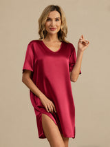 [Tummanpunainen] SilkSilky-FI Half Sleeve V Neck Yöpaita 001