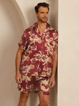 [Viininpunainen Lohikäärme] SilkSilky-FI Short Sleeve Notkokaulus Miesten Pyjamat 001