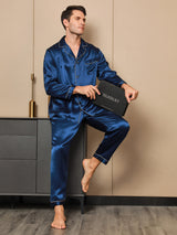 [Tummansininen] SilkSilky-FI Pitkähihainen Notkokaulus Miesten Pyjamat 001