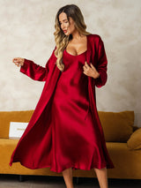 [Viini] SilkSilky-FI Long Sleeve V Neck Yöpaita ja Aamutakkisetti 009