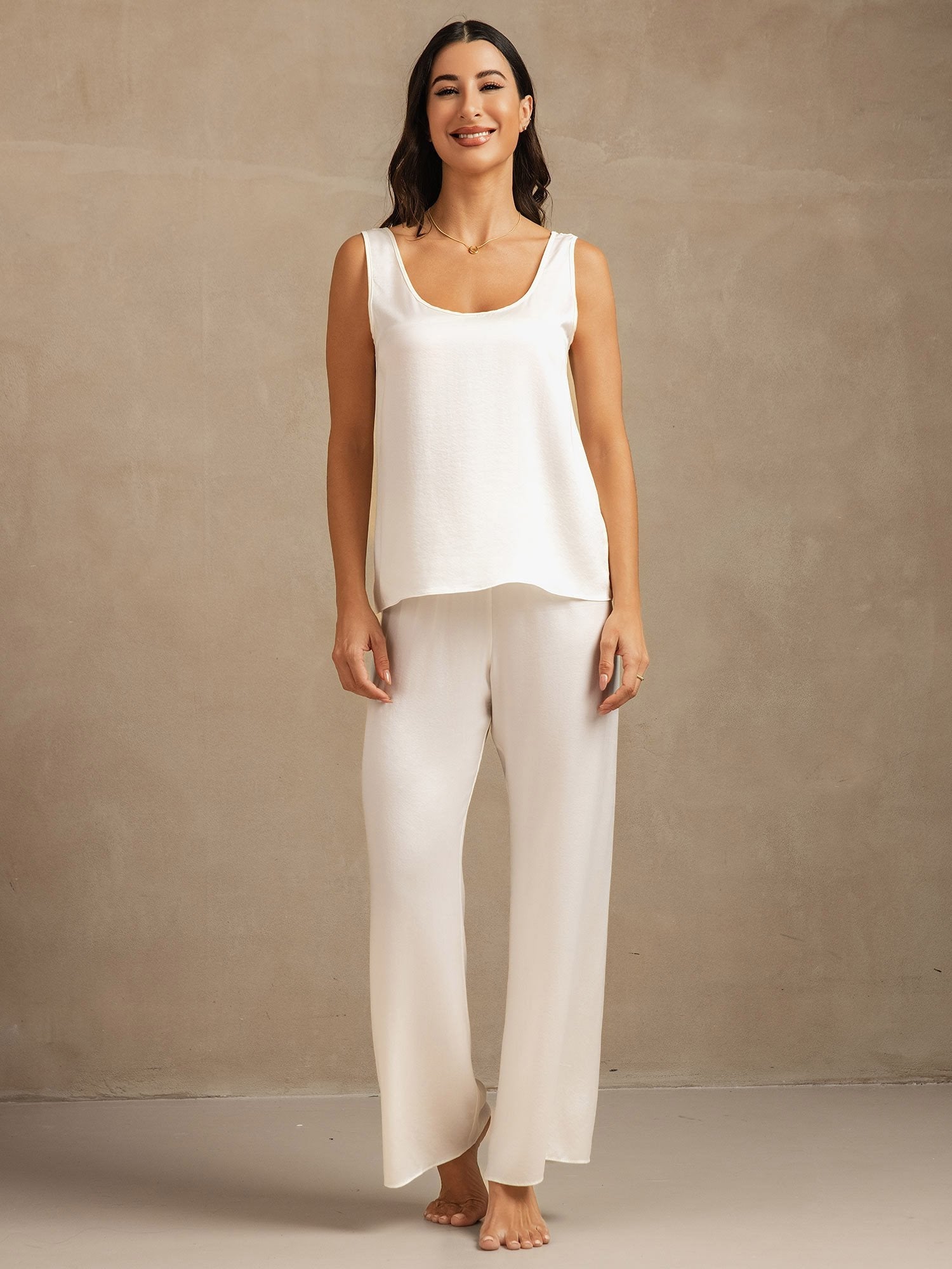 [Valkoinen] SilkSilky-FI 19Momme Womens Pajamas 001,