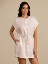 [Pinkki] SilkSilky-FI 18Momme Lyhythihainen Hiha Henley-kaula-aukko Mekko 001