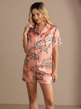 [Vaaleanpunainen Kissa] SilkSilky-FI Short Sleeve Lapel Collar Naisten Pyjamat 005