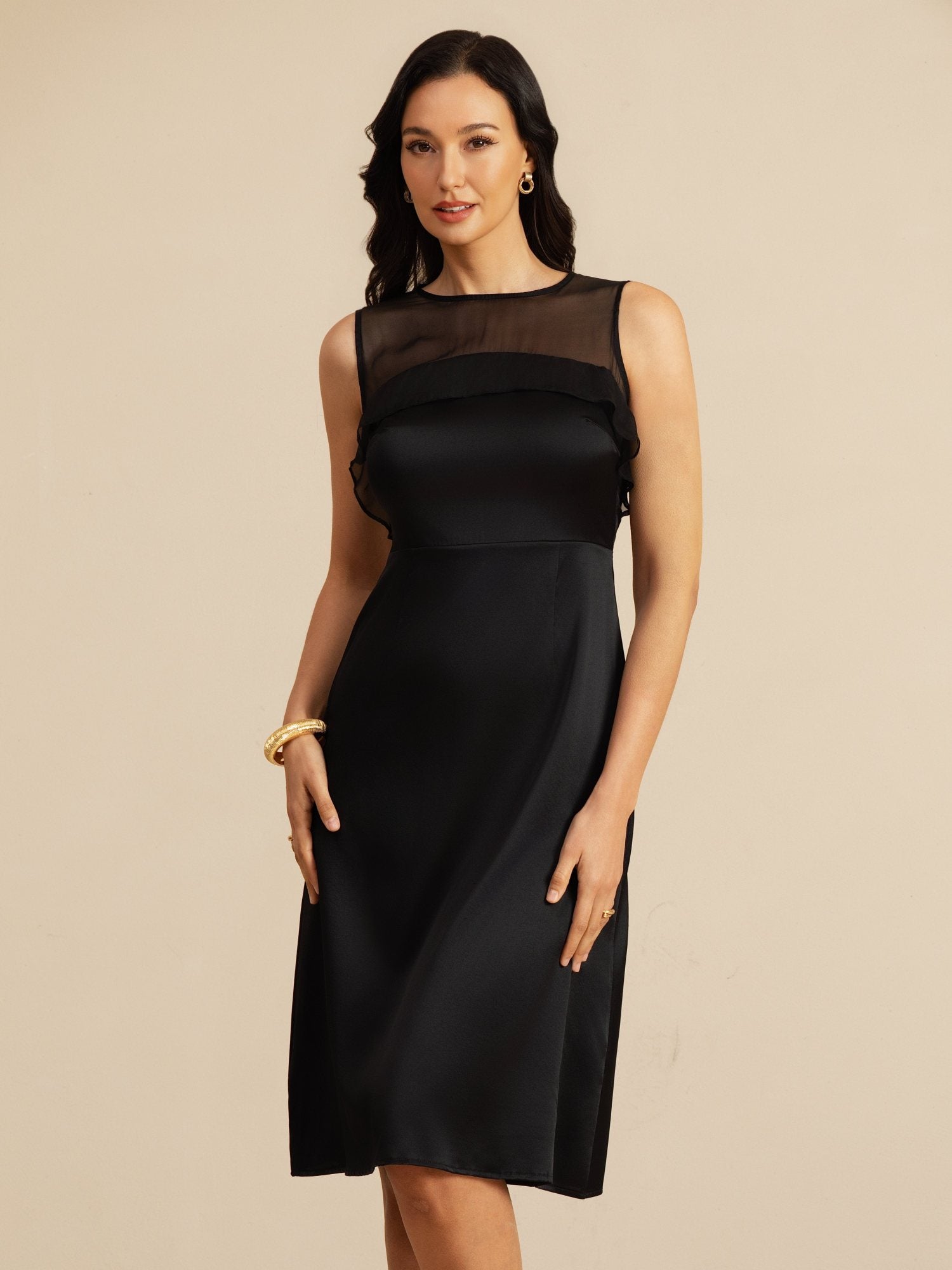 [Musta] SilkSilky-FI 19Momme Sleeveless Illusion Neck Mekko 001