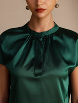 [Tummanvihreä] SilkSilky-FI Short Sleeve Blouse 004