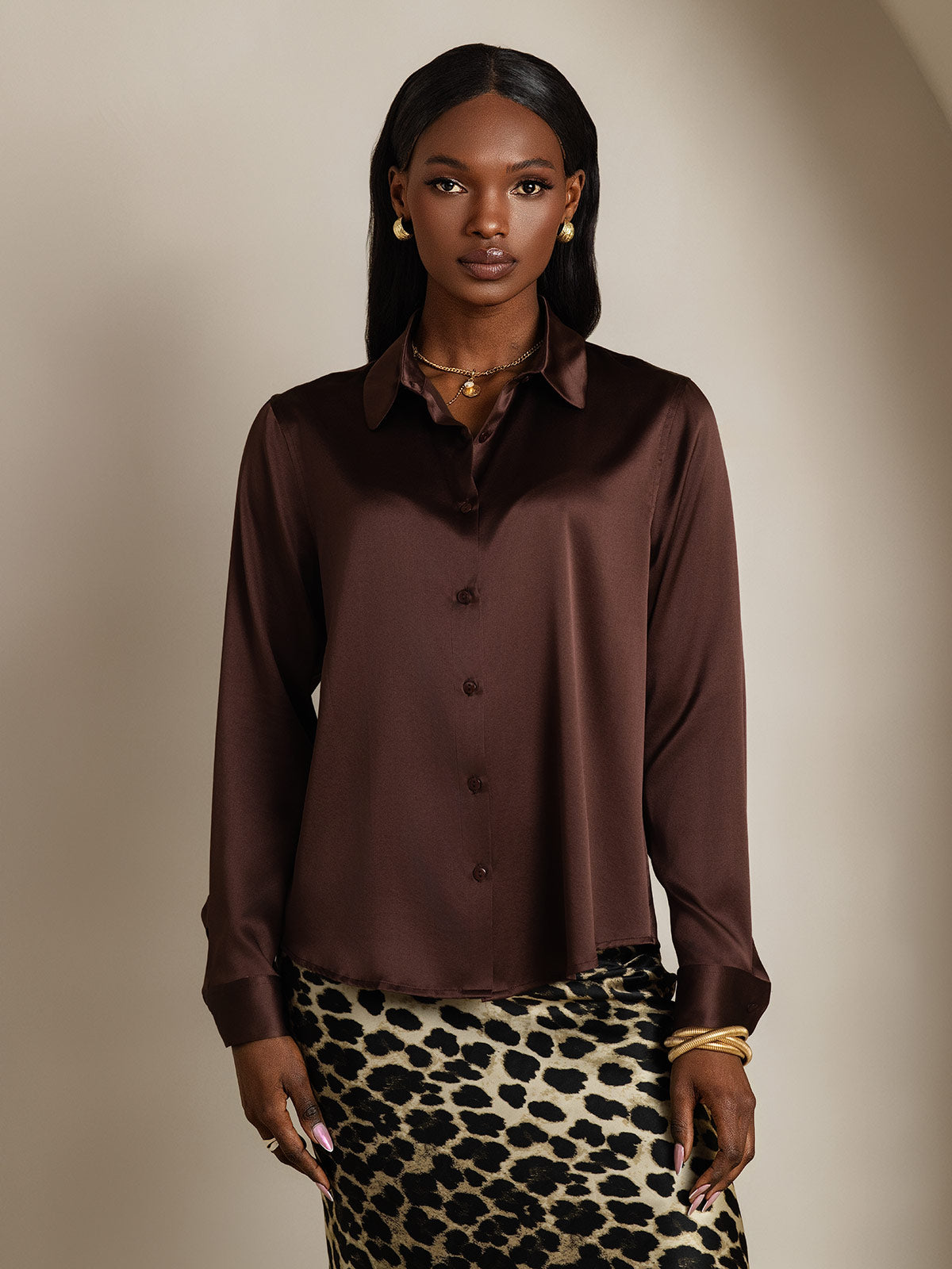 [Ruskea] SilkSilky-FI Lapel Collar Naisten paita 003