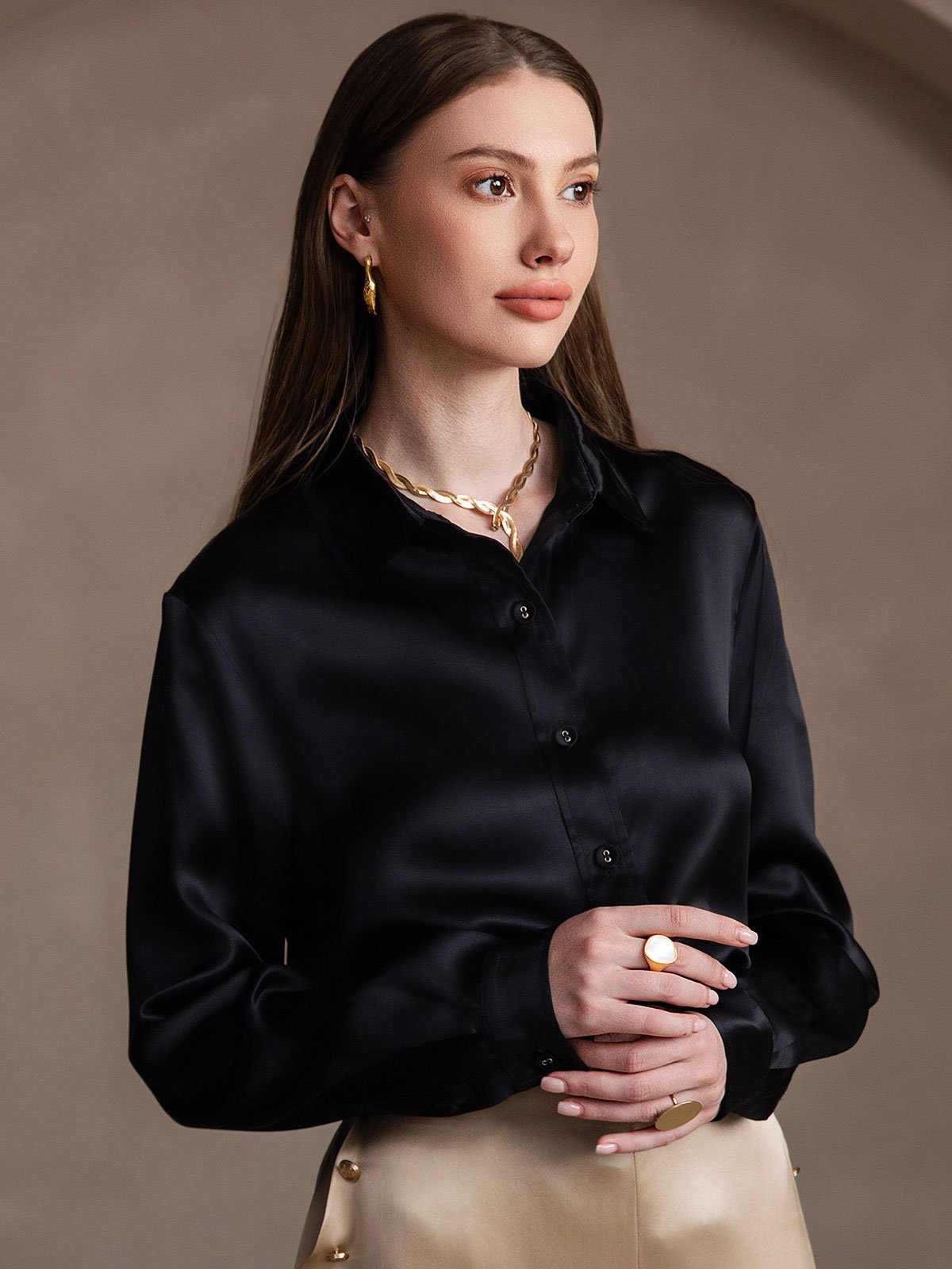 [Musta] SilkSilky-FI 19Momme Silk Long Sleeve Collar Naisten paita 004