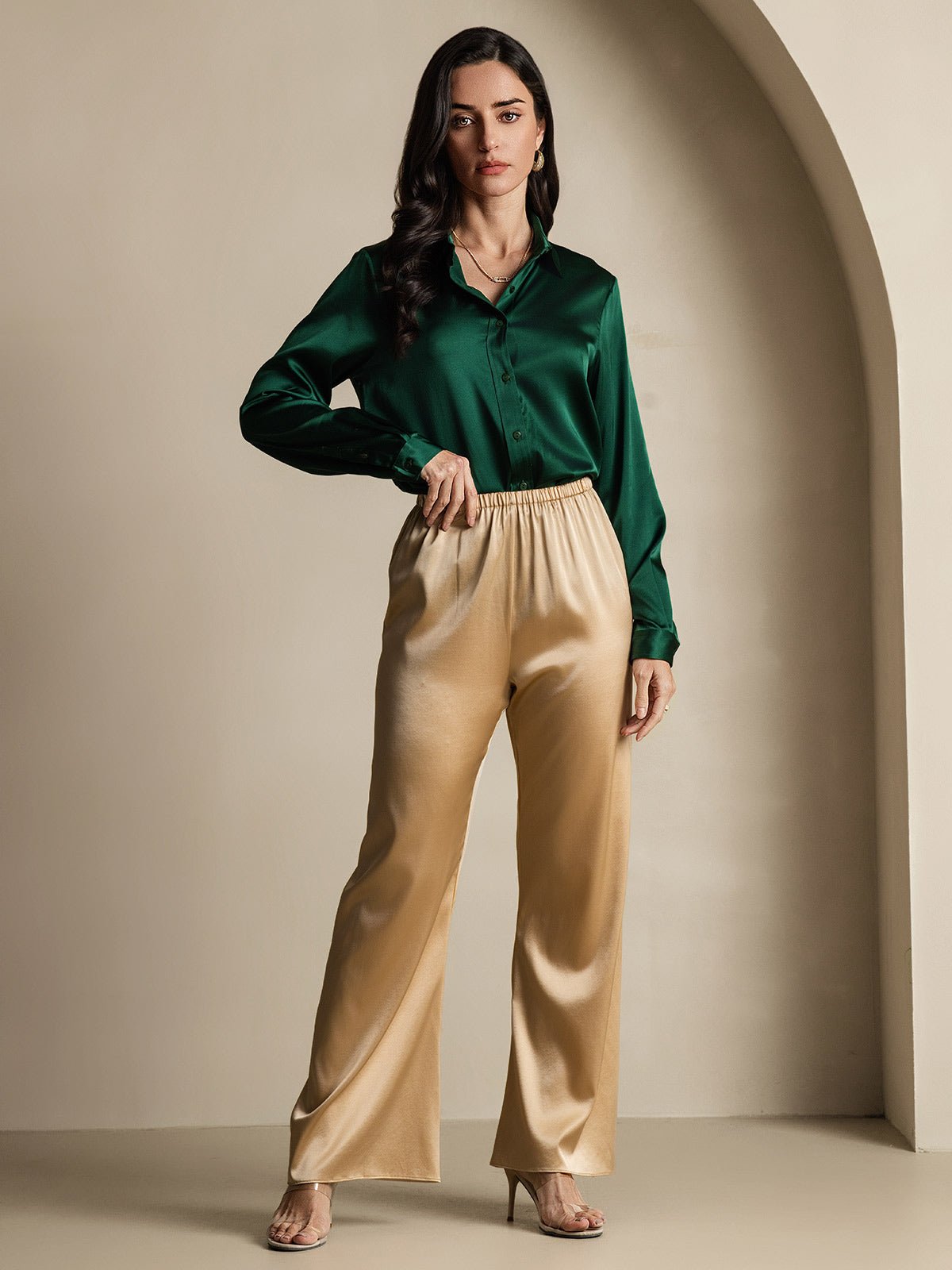 [Tummanvihreä] SilkSilky-FI 19Momme Silk Long Sleeve Collar Naisten paita 009