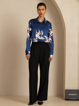 [Tummansininen] SilkSilky-FI Long Sleeve Lapel Collar Naisten paita 007