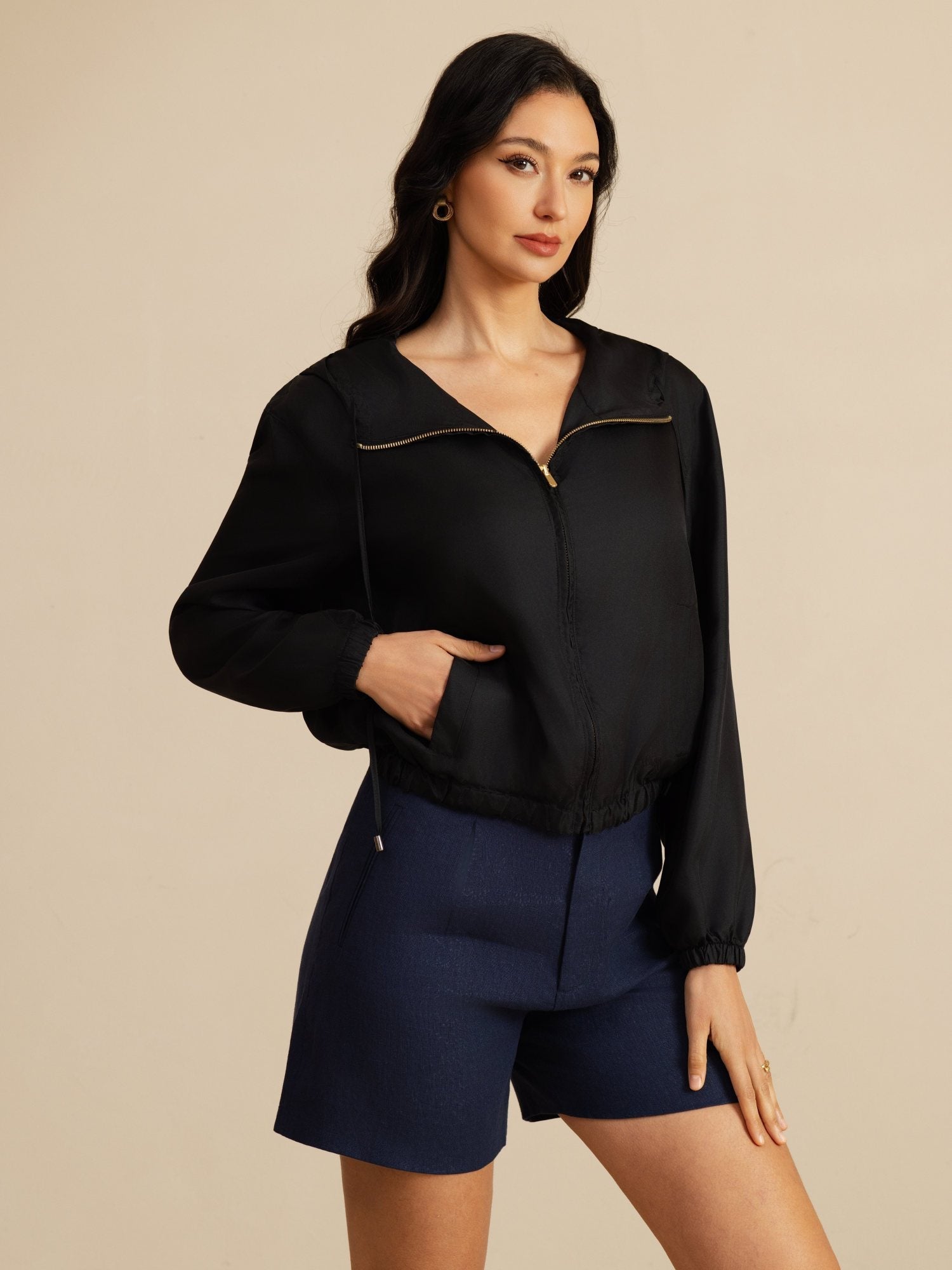 [Musta] SilkSilky-FI 18Momme Pitkähihainen Pystykaulus Naisten Päällysvaatteet 003