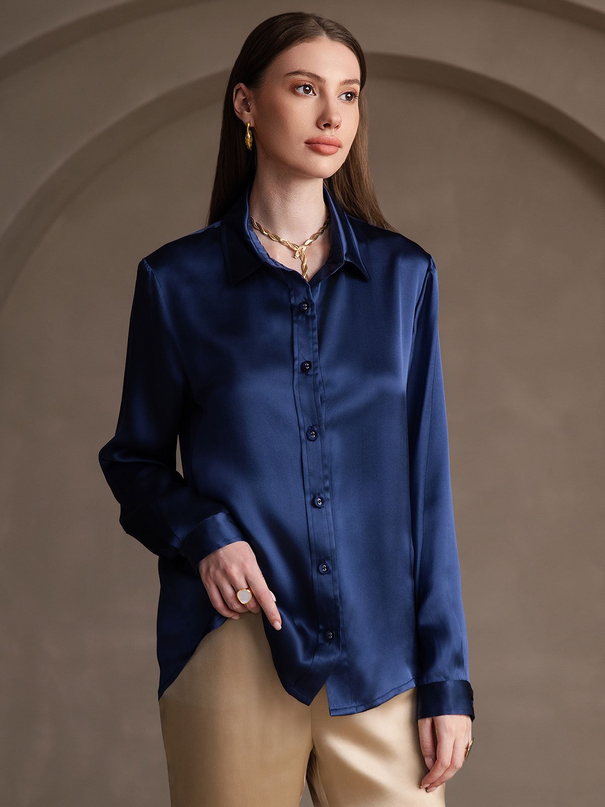 [Tummansininen] SilkSilky-FI 19Momme Silk Long Sleeve Collar Naisten paita 003