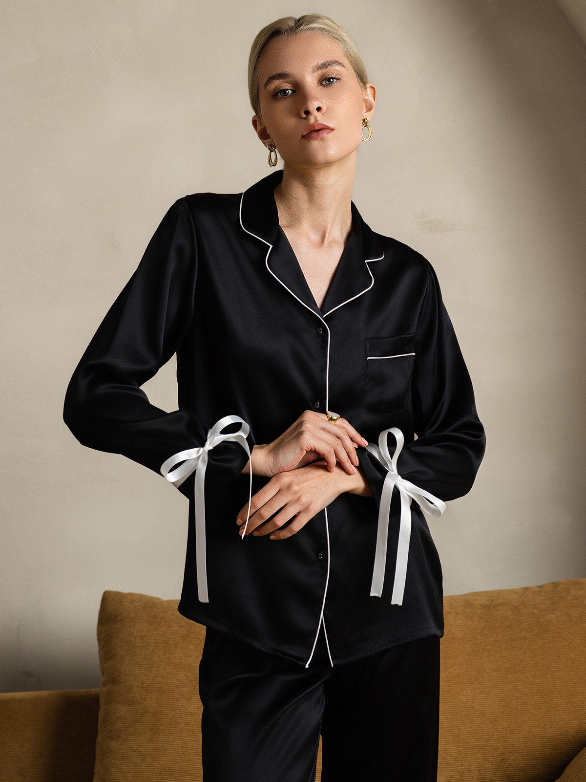 [Musta] SilkSilky-FI Pure Silk Long Sleeve Lapel Naisten Pyjamat 004