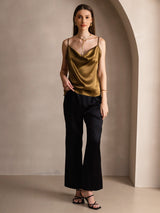 [Ruskea] SilkSilky-FI Spaghetti Strap Cowl Neck Camisole Top 005