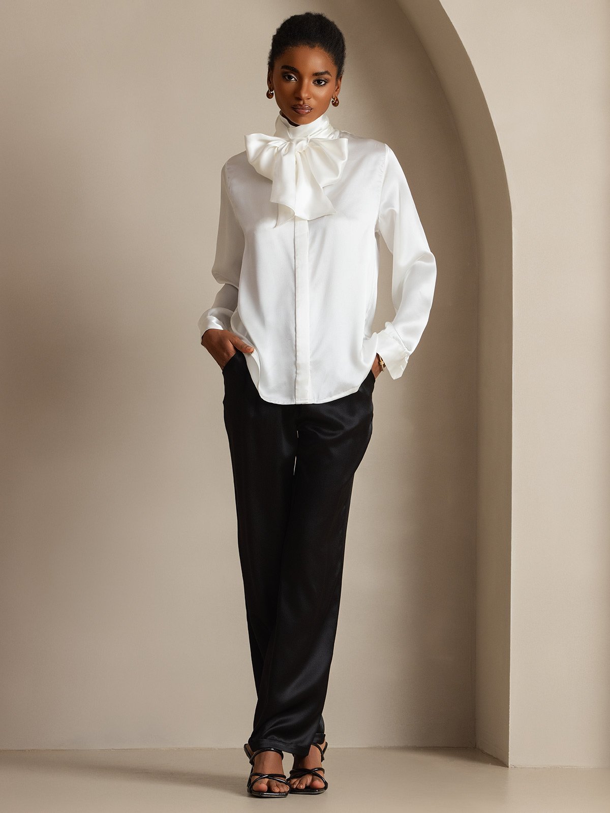 [Valkoinen] SilkSilky-FI 19Momme Womens Shirt 007