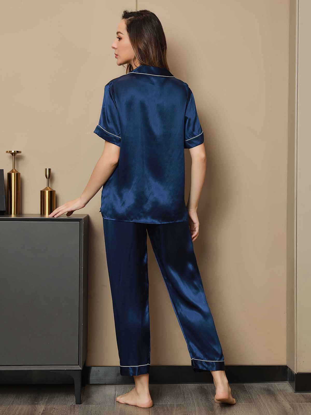 [Tummansininen] SilkSilky-FI Pure Silk Short Sleeve Lapel Naisten Pyjamat 002