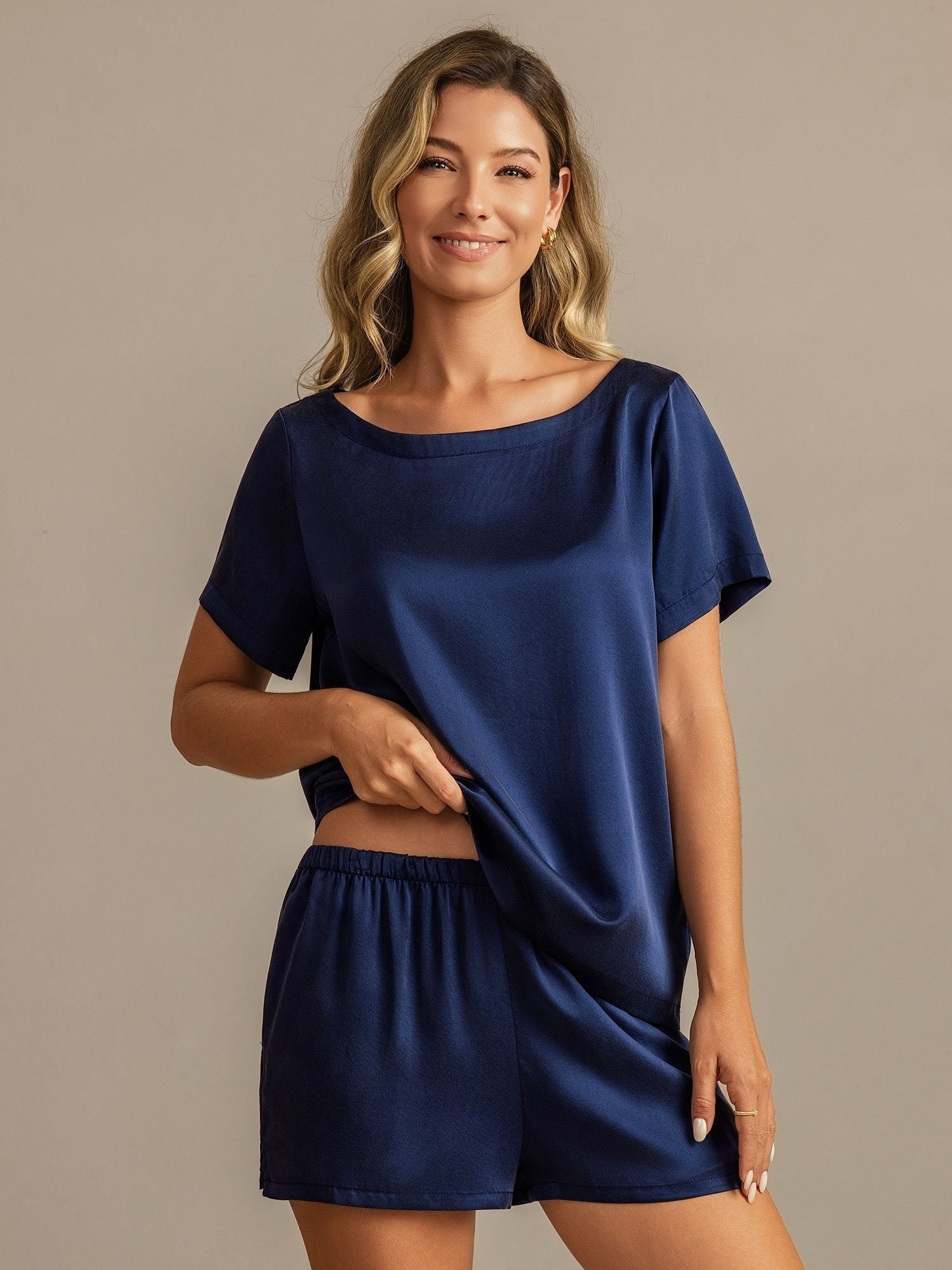 [Tummansininen] SilkSilky-FI 19Momme Womens Pajamas 005,