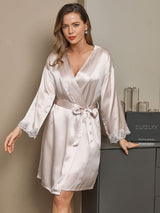[Beige] SilkSilky-FI 3/4 Sleeve V Neck Yöpaita ja Aamutakkisetti 004