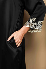 [Musta] SilkSilky-FI 3/4 Sleeve V Neck Yöpaita ja Aamutakkisetti 009