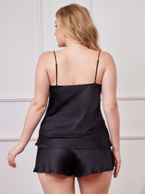 [Musta] SilkSilky-FI Spagettihihna V Pääntie Plus-koon camisole sSetti 002
