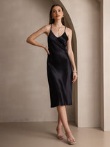 [Musta] SilkSilky-FI Spaghetti Strap V Neck Mekko 001