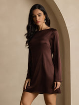 [Kahvi] SilkSilky-FI Long Sleeve Boat Neck Mekko 007