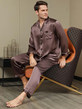 [Kahvi] SilkSilky-FI Long Sleeve Notkokaulus Miesten Pyjamat 001