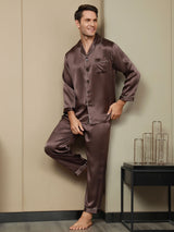 [Kahvi] SilkSilky-FI Long Sleeve Notkokaulus Miesten Pyjamat 004