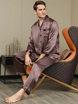 [Kahvi] SilkSilky-FI Long Sleeve Notkokaulus Miesten Pyjamat 006