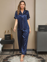 [Tummansininen] SilkSilky-FI Short Sleeve Notkokaulus Naisten Pyjamat 001