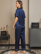 [Tummansininen] SilkSilky-FI Short Sleeve Notkokaulus Naisten Pyjamat 002