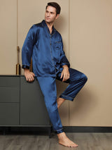 [Tummansininen] SilkSilky-FI Long Sleeve Notkokaulus Miesten Pyjamat 001
