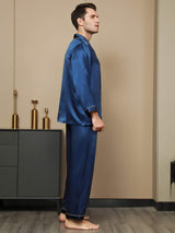 [Tummansininen] SilkSilky-FI Long Sleeve Notkokaulus Miesten Pyjamat 003
