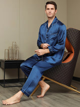 [Tummansininen] SilkSilky-FI Long Sleeve Notkokaulus Miesten Pyjamat 006