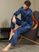 [Tummansininen] SilkSilky-FI Long Sleeve Notkokaulus Miesten Pyjamat 007