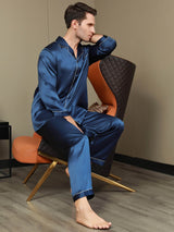 [Tummansininen] SilkSilky-FI Long Sleeve Notkokaulus Miesten Pyjamat 008