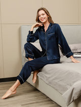 [Tummansininen] SilkSilky-FI Long Sleeve Notkokaulus Naisten Pyjamat 003