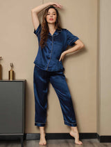 [Tummansininen] SilkSilky-FI Lyhythihainen Notkokaulus Naisten Pyjamat 001