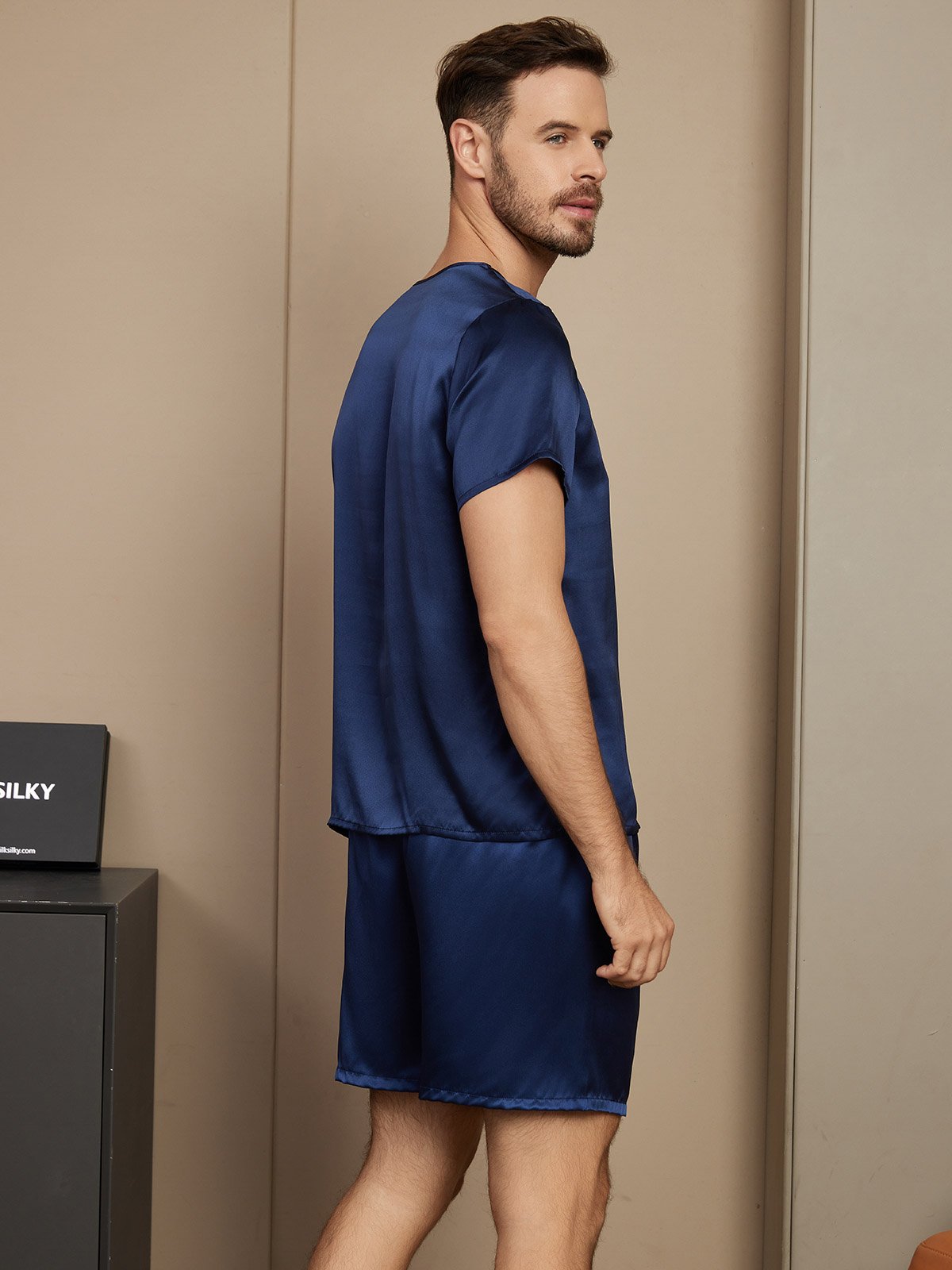 [Tummansininen] SilkSilky-FI Short Sleeve Round Neck Miesten Pyjamat 002