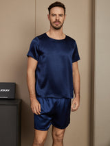 [Tummansininen] SilkSilky-FI Short Sleeve Round Neck Miesten Pyjamat 003