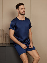 [Tummansininen] SilkSilky-FI Short Sleeve Round Neck Miesten Pyjamat 004