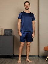 [Tummansininen] SilkSilky-FI Short Sleeve Round Neck Miesten Pyjamat 005