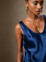 [Tummansininen] SilkSilky-FI Hihaton Syvä Pyöreä Pääntie Mekko 004
