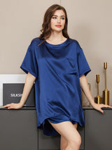[Tummansininen] SilkSilky-FI Short Sleeve Round Neck Naisten Pyjamat 001