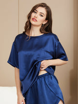 [Tummansininen] SilkSilky-FI Short Sleeve Round Neck Naisten Pyjamat 003