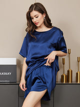 [Tummansininen] SilkSilky-FI Short Sleeve Round Neck Naisten Pyjamat 005