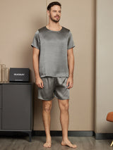 [Tumman Harmaa] SilkSilky-FI Short Sleeve Round Neck Miesten Pyjamat 001
