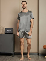 [Tumman Harmaa] SilkSilky-FI Short Sleeve Round Neck Miesten Pyjamat 005