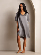 [Tumman Harmaa] SilkSilky-FI Half Sleeve V Neck Yöpaita 001