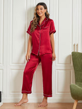 [Tummanpunainen] SilkSilky-FI Short Sleeve Notkokaulus Naisten Pyjamat 002